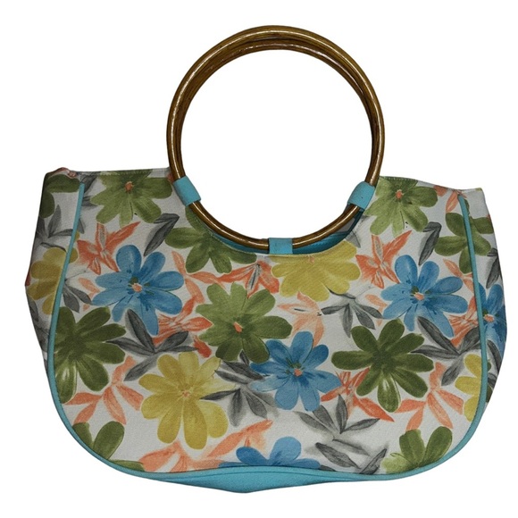 Vintage Style Floral Canvas Bag w/ Bamboo Look Ring Handles Summer Beach Bag - Picture 2 of 4